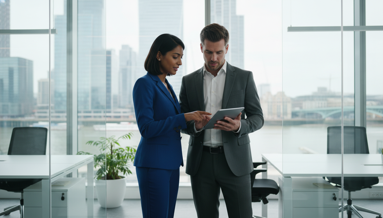 Two professional business partners, one of South Asian descent and one of European descent, looking at a tablet together in a modern glass-walled office in Canary Wharf, London, bright and airy atmosphere.
