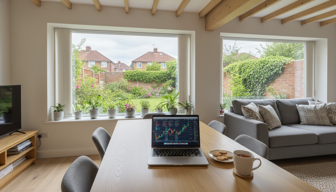 A cozy modern home interior in a British suburb, focusing on a wooden table with a laptop showing financial charts and a cup of tea, looking out a large window into a lush green garden.