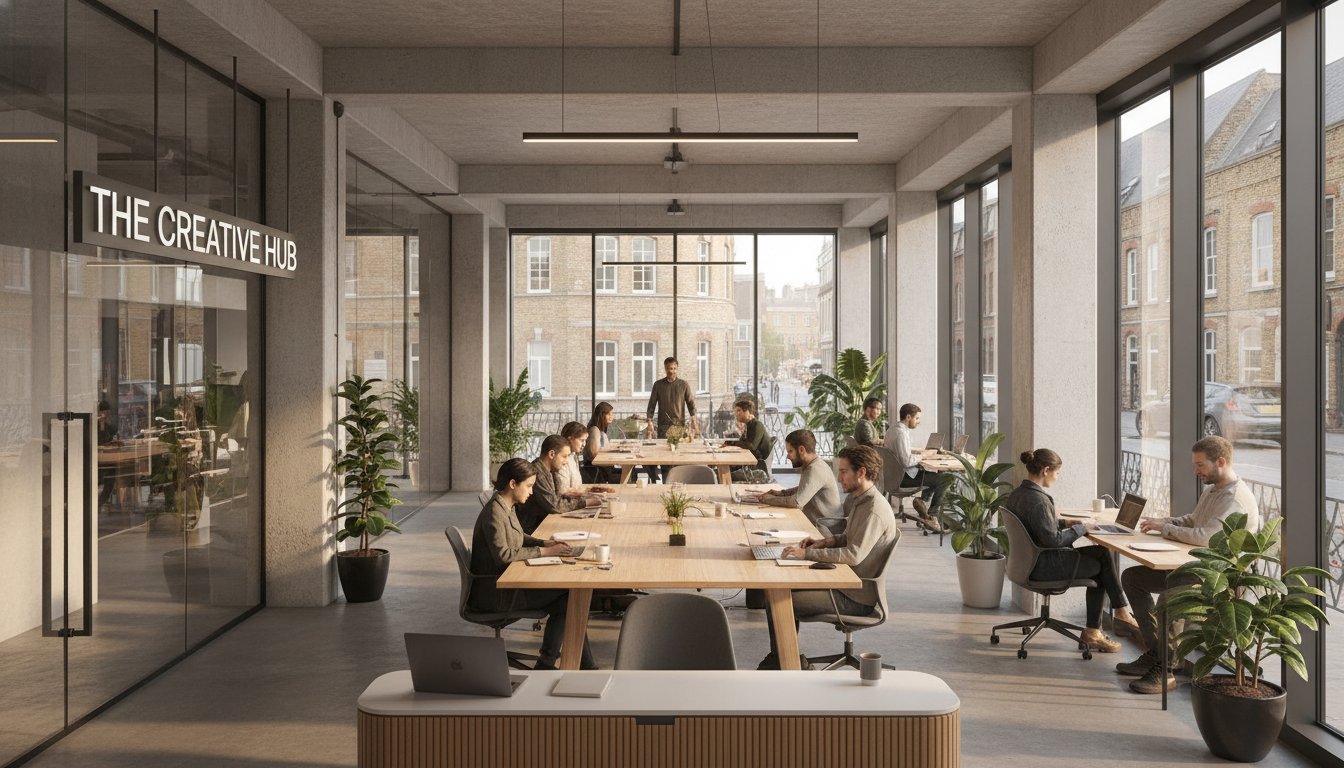 A wide-angle shot of a modern, glass-walled co-working space in Shoreditch, London, with entrepreneurs of diverse ethnicities working on laptops and collaborating at a large wooden table, soft sunlight streaming through the windows.