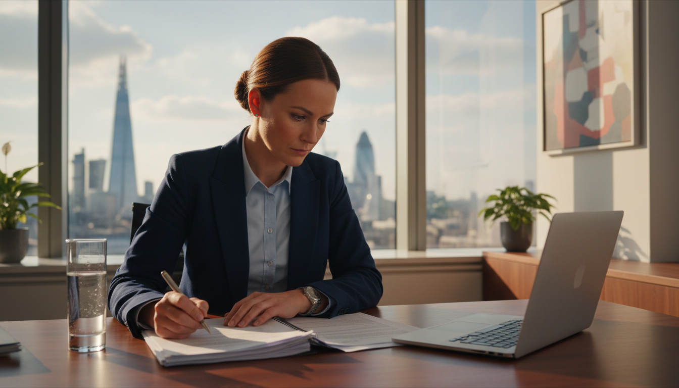 A professional immigration lawyer sitting at a modern desk in a London office with the city skyline visible through a large window, focused on reviewing legal documents with a glass of water and a laptop nearby, warm cinematic lighting.
