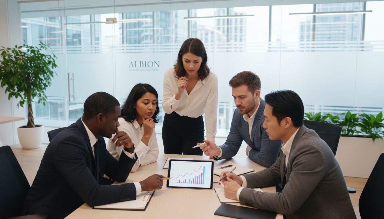 A diverse group of professionals in a bright, modern UK-based office discussing financial charts on a tablet, symbolizing collaboration and expert advice.