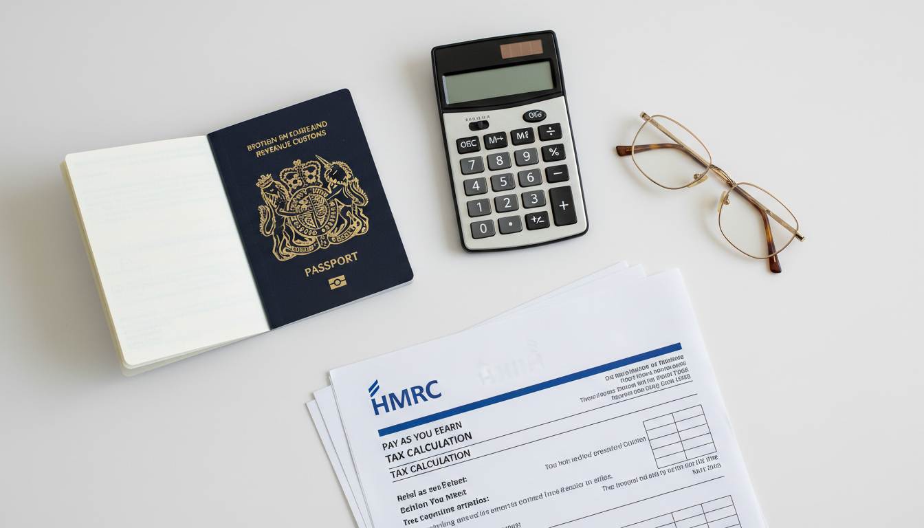 A professional flat-lay of a British passport, a calculator, a pair of glasses, and official-looking HMRC tax documents on a clean white desk, cinematic lighting, 8k resolution