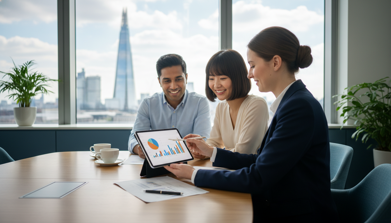 A modern office setting where a professional tax consultant is explaining digital charts on a tablet to a diverse expat couple, London skyline visible through a window in the background, soft natural light, professional photography style