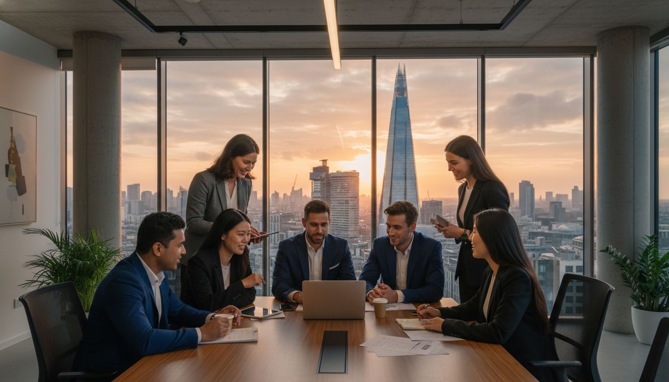 A diverse group of professional entrepreneurs in a modern, glass-walled London office, collaborating around a laptop with a view of the Shard in the background, high resolution, professional photography.