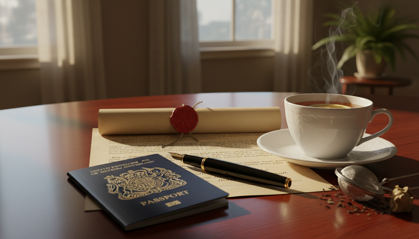 A close-up shot of a professional desk with a British passport, a legal contract, a fountain pen, and a cup of Earl Grey tea, warm morning sunlight filtering through a window, 4k resolution.