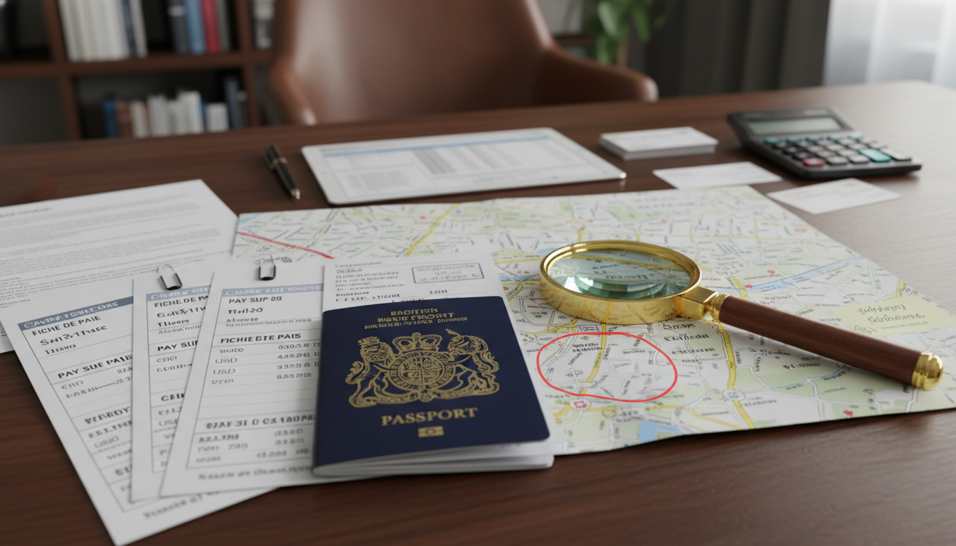 A collection of international documents including a British passport, salary slips in foreign currency, and a magnifying glass over a UK property map, representing the due diligence process.