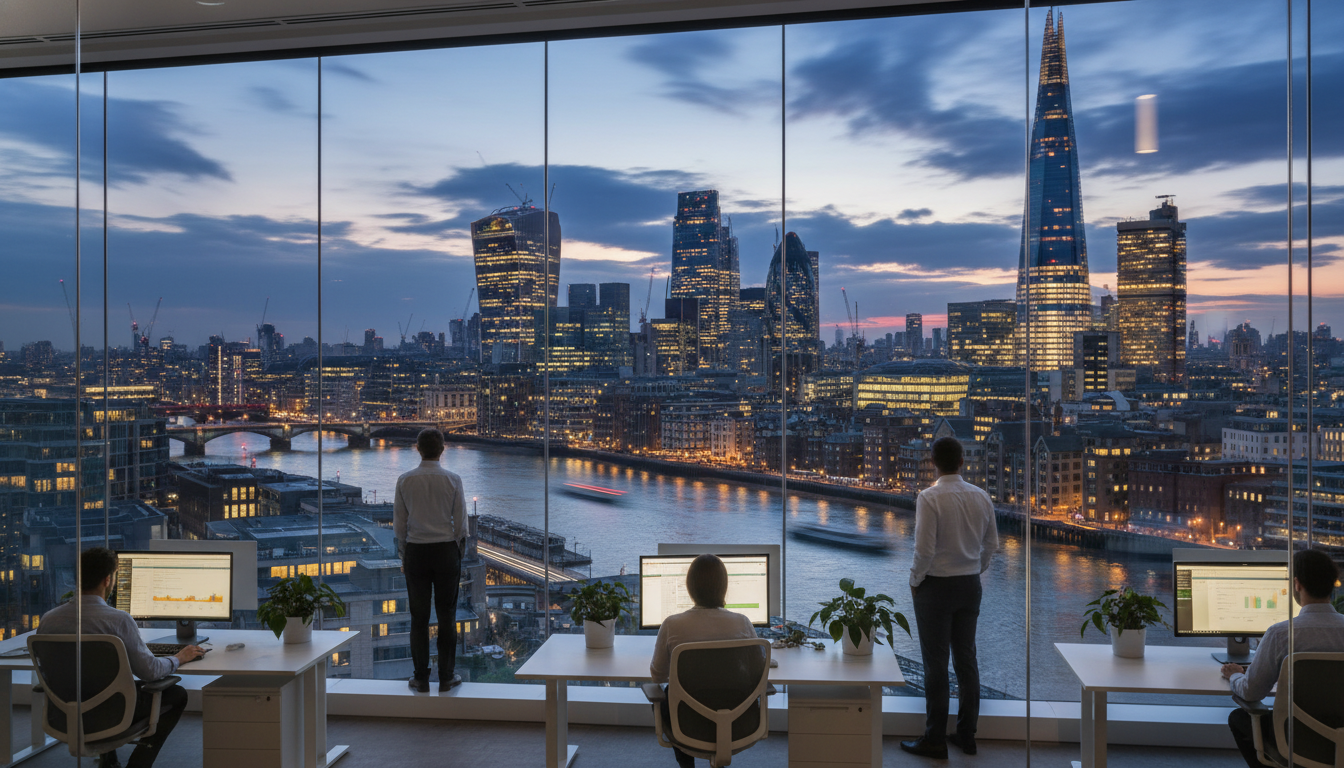 A wide-angle shot of the London skyline featuring the Gherkin and the Shard, with a modern glass-walled office in the foreground showing a clean, professional workspace.