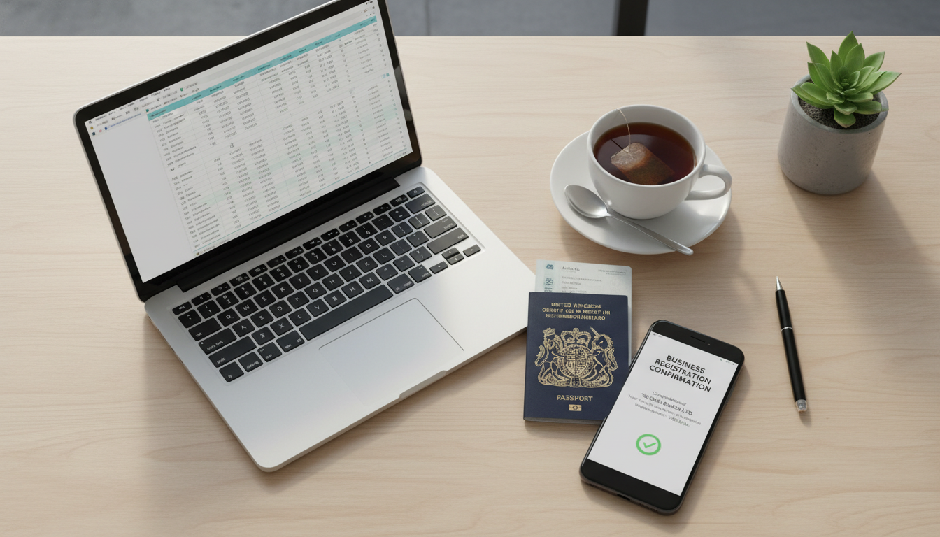 A top-down view of a modern desk with a laptop, a cup of British tea, a UK passport, and a smartphone displaying a business registration confirmation page.